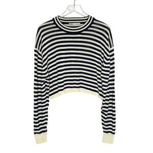 Zara Striped Cream Navy Blue Knit Cropped Sweater L Long Sleeve Ribbed